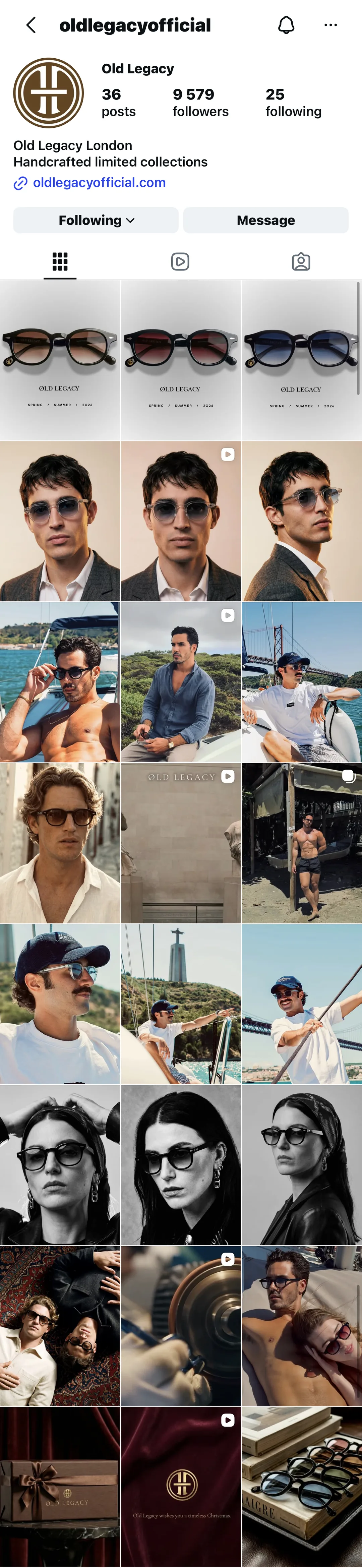 Old Legacy Instagram profile: 36 posts, 9,579 followers, one consistent feed